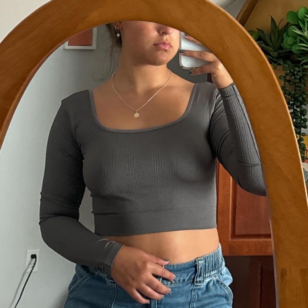 Grey purple ribbed athletic long sleeve